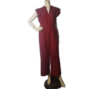 SHEIN Jumpsuit Womens XL Red Ruffle Sleeve Belted Keyhole Back Wide Leg Romper